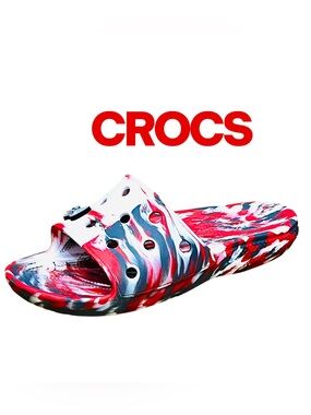 Crocs Classic Marbled Slides Men’s Red White Gray Foam Sandals Sz 8